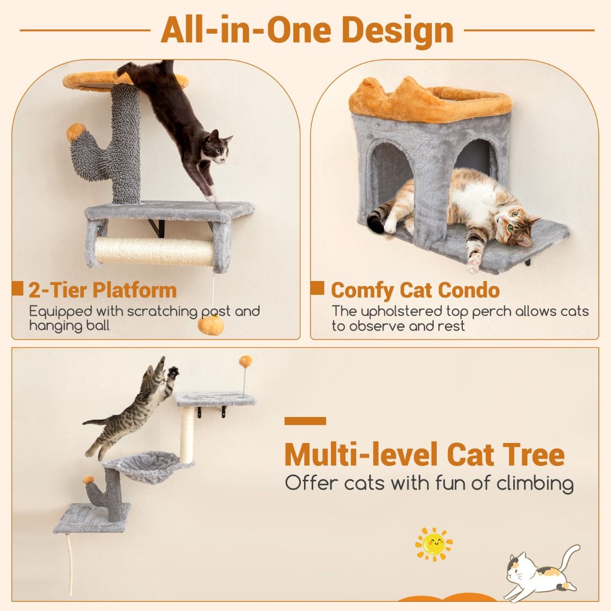 Ensemble de tours pour chats à fixer au mur Coast - Peu encombrant - Plateforme à 2 niveaux - Gris