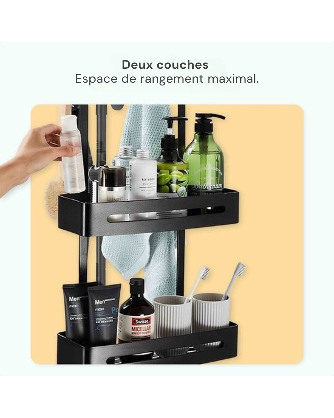 Goliving Support de douche - Support de douche sans perçage - 74 x 35 cm - Support de douche suspendu - acier inoxydable - Deux couches - Noir