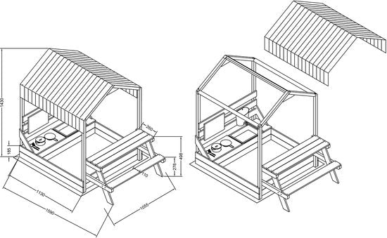 Bac à sable et maisonnette de jeu AXI Bo 159 x 105 cm avec cuisine de jeu et table de pique-nique, marron – Bois FSC – Avec tableau à craie et lot d'accessoires pour bac à sable (6 pièces) – Bâche de protection et toile de sol incluses – Garantie de 10 an
