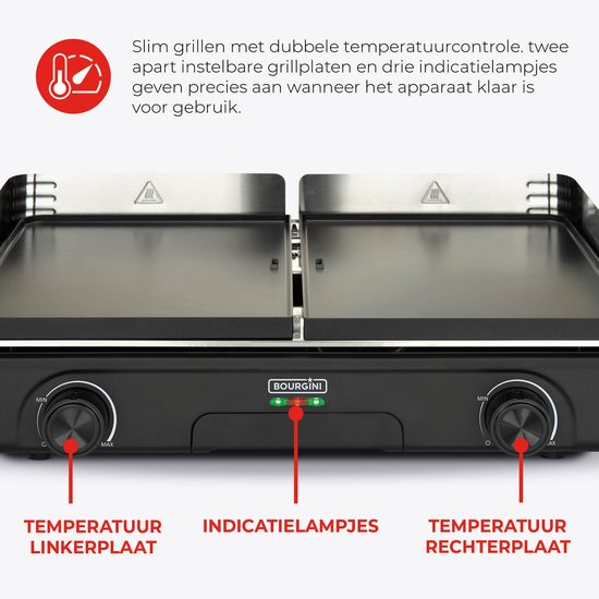 Bourgini Plancha Pure pour 8 - Revêtement céramique (sans PFAS) - Électrique - Gril sain - Plaque de cuisson - Plaque grill - Plaque tournante striée et plate