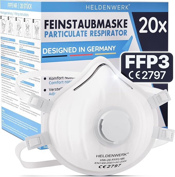 Masque anti-poussière FFP3 « Heldenwerk » avec valve - Lot de 20 - Masque anti-particules fines avec bandeau réglable