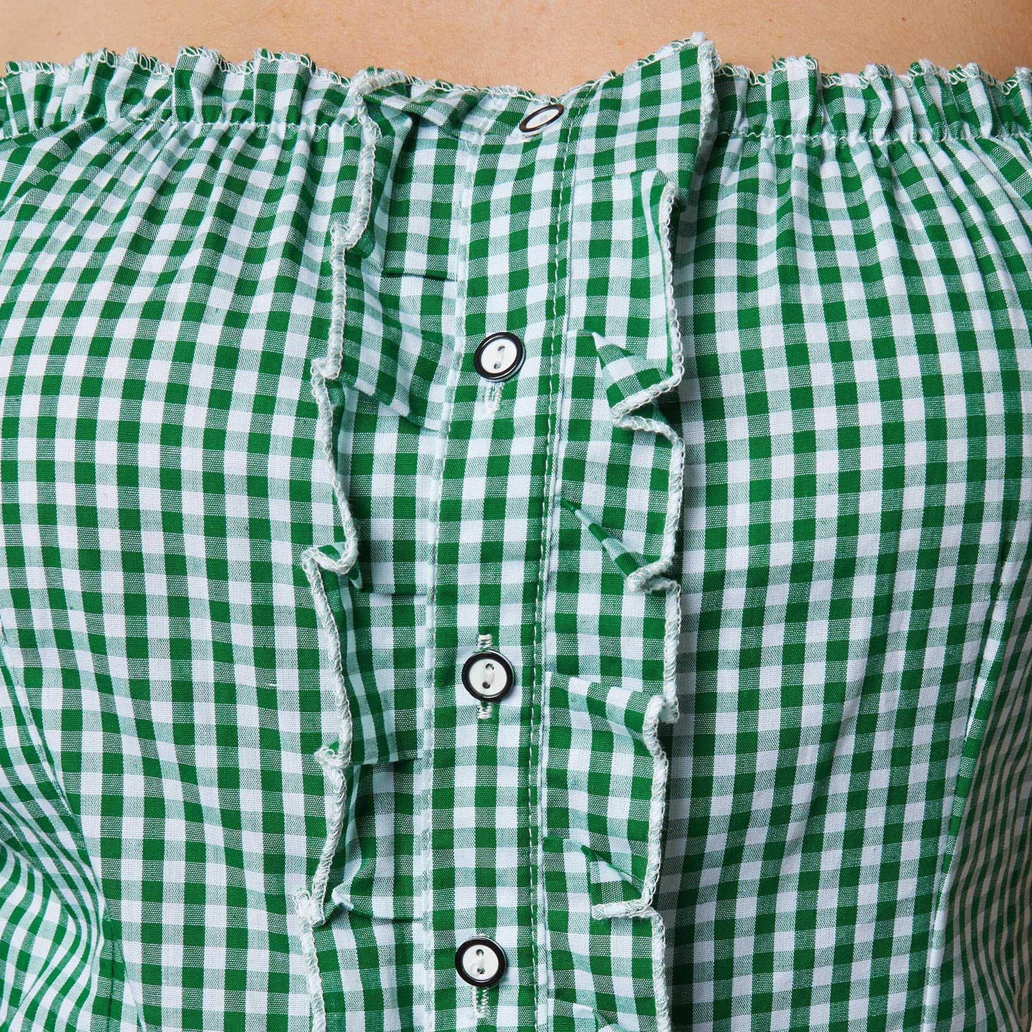 Dressforfun Ina, chemisier traditionnel 900620 - carreaux verts et blancs - encolure Carmen - manches courtes