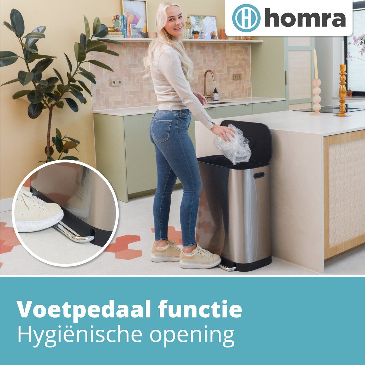 Poubelle double - Homra - 2x30L Homra Rockx - Poubelle Duo à pédale 60L avec filtre anti-odeurs - Poubelle de tri en acier inoxydable 2 compartiments - Poubelle de recyclage - Poubelle de cuisine pour le tri des déchets - Corbeille à déchets - acier inoxy