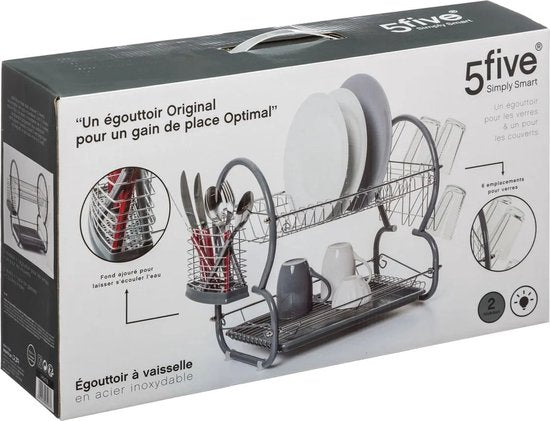 Égouttoir à vaisselle à 2 niveaux avec bac de récupération et bac à couverts amovible, gris, 43 x 24,5 cm, en métal - Vaisselle