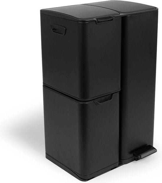 Umuzi Poubelle de nettoyage - 60L - Fermeture douce - Noir mat - Séparation des déchets 3 bacs - 47 x 39 x 72