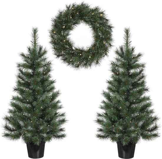 Ensemble d'arbres de Noël et de couronne de Noël Black Box Trees Glendon - 2 sapins de Noël artificiels et 1 couronne avec éclairage LED - Vert