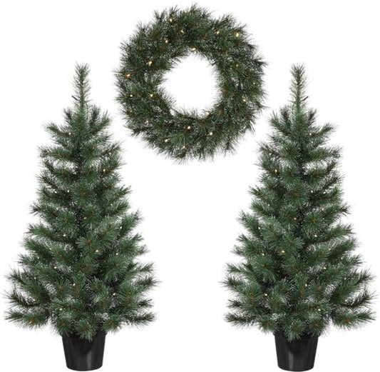 Ensemble d'arbres de Noël et de couronne de Noël Black Box Trees Glendon - 2 sapins de Noël artificiels et 1 couronne avec éclairage LED - Vert