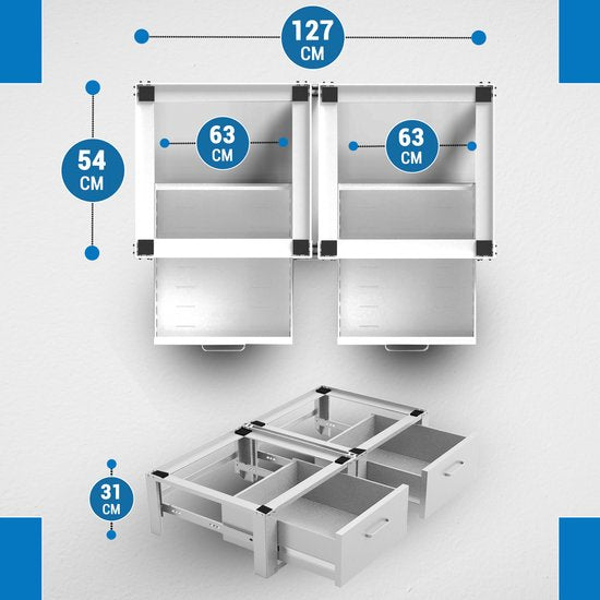 Vonia Machine à laver relevable - Double - Machine à laver et sèche-linge relevable - Machine à laver relevable avec tiroir - Armoire pour machine à laver - Conversion de machine à laver - Blanc