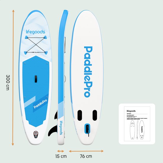 LifeGoods SUP Board All-round Compact - Avec siège - Capacité de charge 100 KG - 300 x 76 cm - Gonflable - Ensemble complet de SUP - Bleu ciel