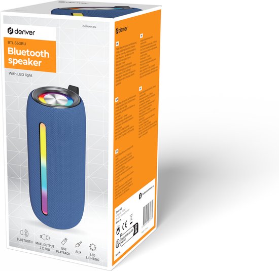 Denver Enceinte Bluetooth sans fil - Effets de lumière - Boîte à musique - AUX - Appairage TWS - BTL360 - Bleu