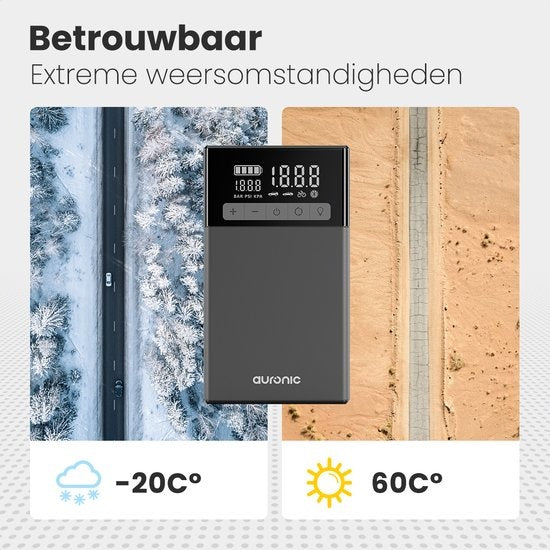 Auronic Jumpstarter - avec compresseur - 12V - 1500A - 16,000 mAh - Aide au démarrage 6-en-1 - Sac de rangement et accessoires inclus - Noir/Gris