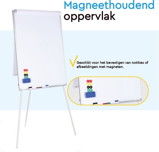 BRASQ Flipchart - 70x100cm - Tableau blanc ajustable - Comprend 25 feuilles de papier, 4 marqueurs, 8 aimants, une gomme - Tableau magnétique avec crochets - Tableau magnétique - Aluminium
