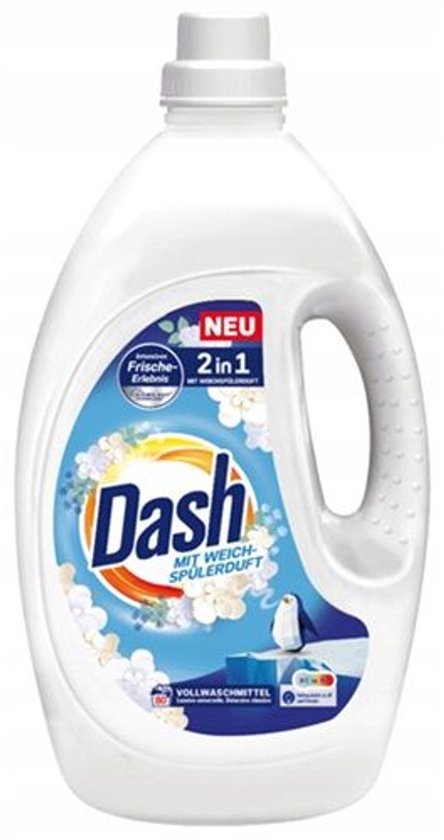 Dash 2 en 1 Blanc : lessive liquide et adoucissant, 80 lavages