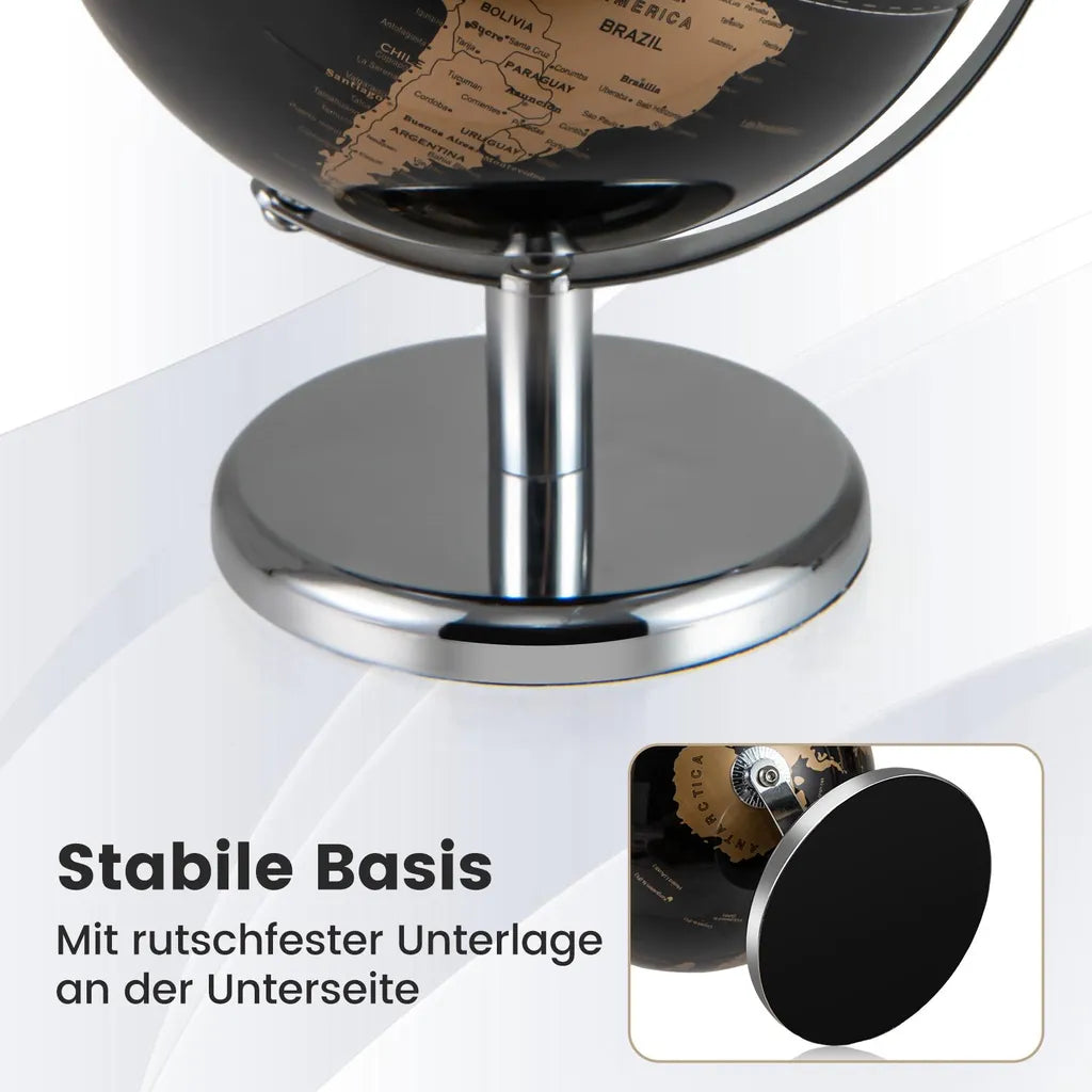 Globe Coast 20 cm - Noir/Or - Rotatif à 360° - Avec socle métallique - 21 x 21 x 27 cm