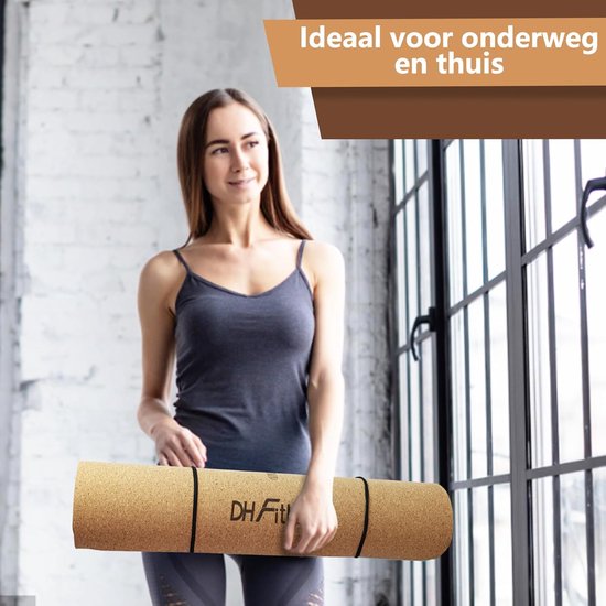 DH FitLife Tapis de yoga en liège et TPE, tapis 183 x 61 x 0,6 cm, tapis de fitness, antidérapant et écologique, tapis de sport naturellement autonettoyant, tapis de yoga avec lignes d'orientation (big lotos)