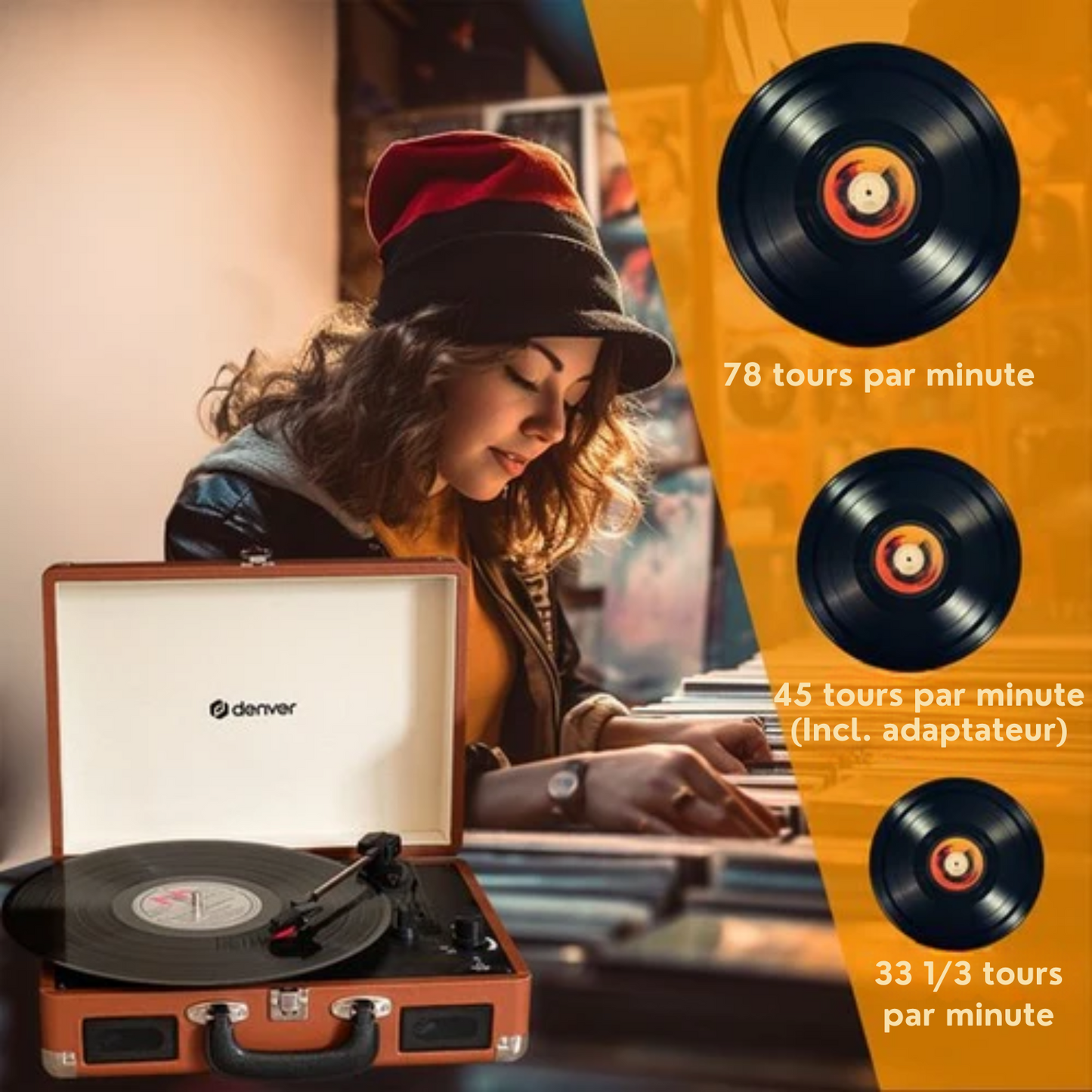 Platine vinyle rétro - Denver VPL120 - Haut-parleurs intégrés - Numérisation USB - 3 vitesses - Mallette portable - Marron