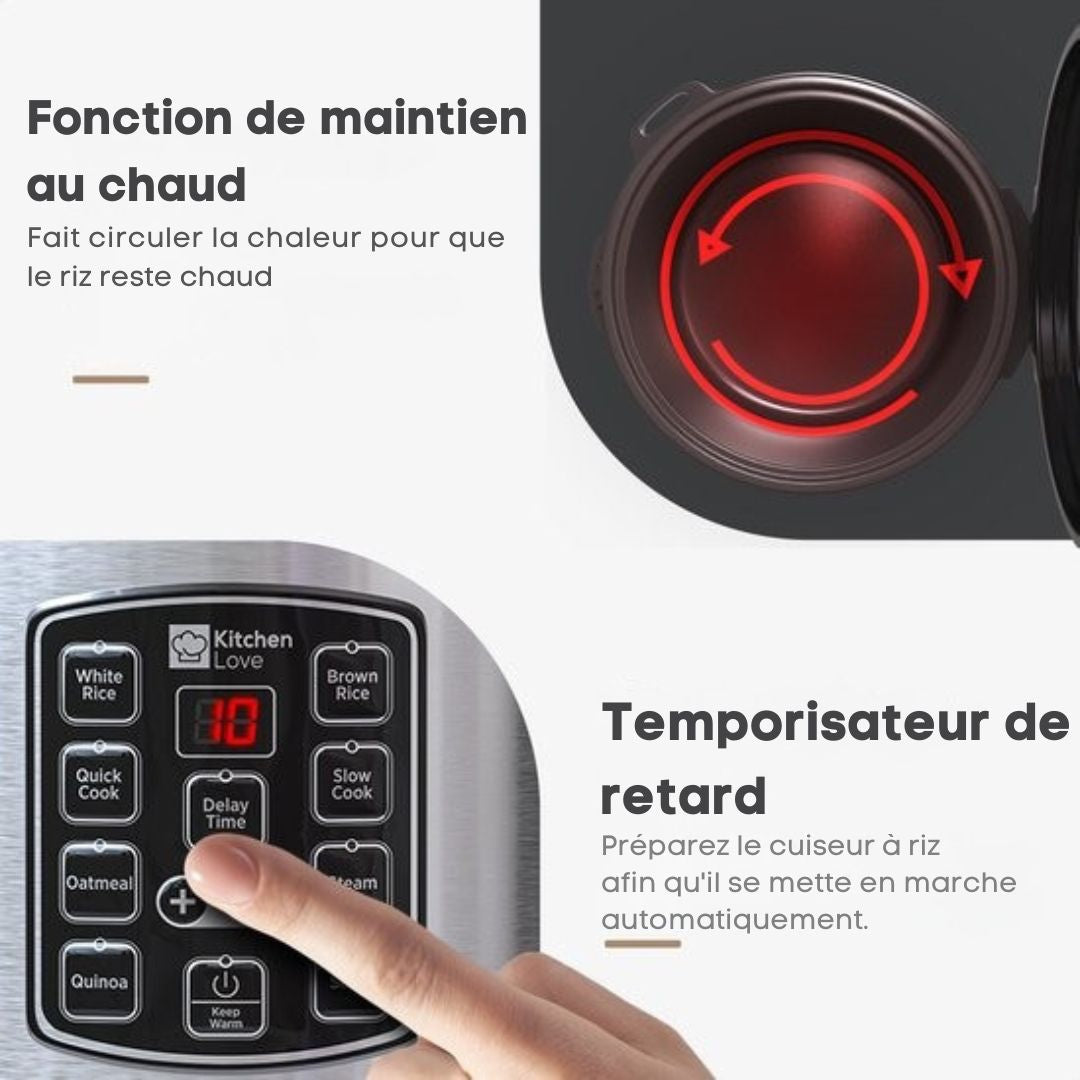 Cuiseur de riz à la vapeur - KitchenLove - 1.2L - Multicooker - Slow Cooker - 2 à 5 personnes - Acier inoxydable noir
