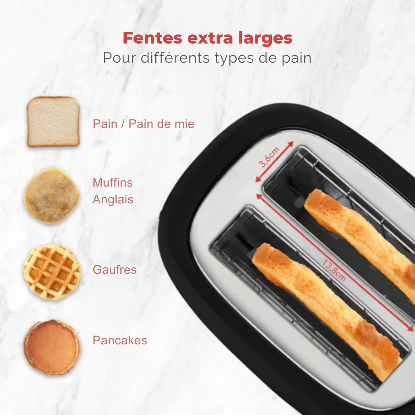 Grille-pain rétro - KitchenBrothers - 6 niveaux de chaleur - 2 fentes extra-larges - 1630W - réchauffe et décongèle - Noir