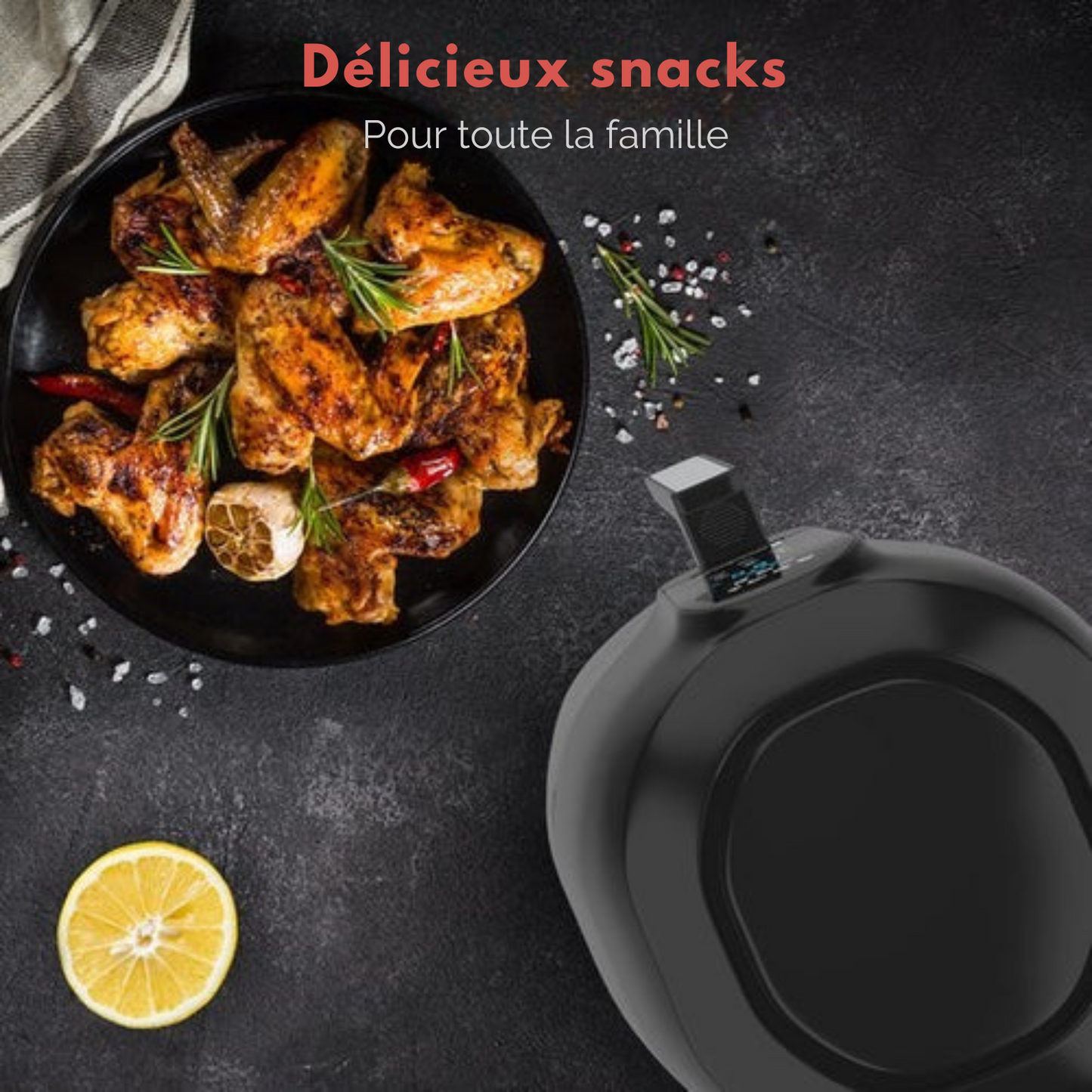 Airfryer - KitchenBrothers - Friteuse à hair chaud - 7,2 L -1890 W - Friteuse sans huile - 7 programmes de cuisson - noir - + un livre de recettes