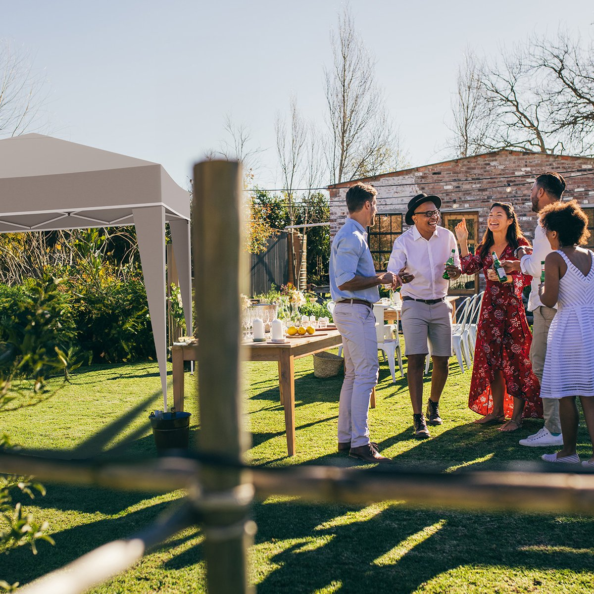 LifeGoods Party Tent - Pavillon - EasyUp - Pliable - Imperméable - Avec sac de transport - 300 x 300 cm - Beige