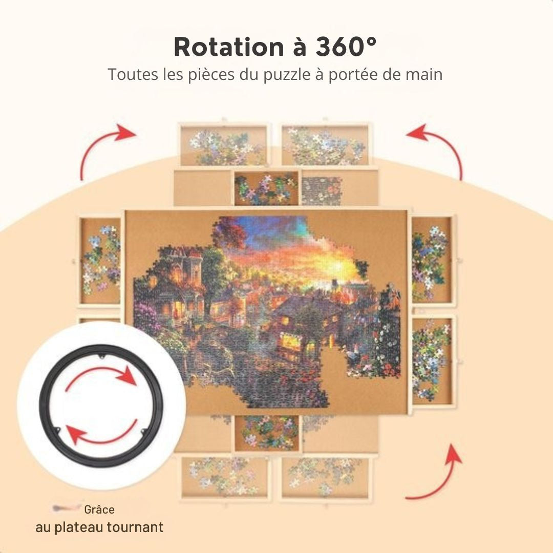 Plateau de puzzle rotatif avec système de rangement - 6 tiroirs - 1500 pièces - Bois - Table de puzzle - Classeur de puzzle - 64 x 86 x 4 cm - Couvercle de protection inclus - Tapis de puzzle - Mallette - Bois