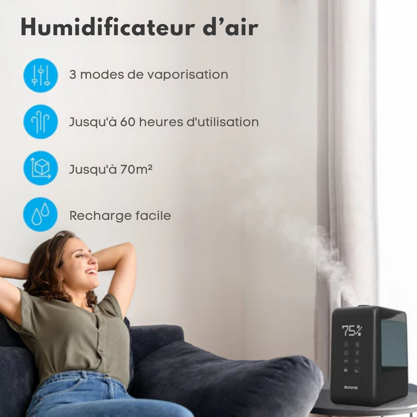 Humidificateur - Auronic - 3 niveaux de chaleur - Capacité du réservoir 6L - 70m2 - Filtre à eau inclus - Noir