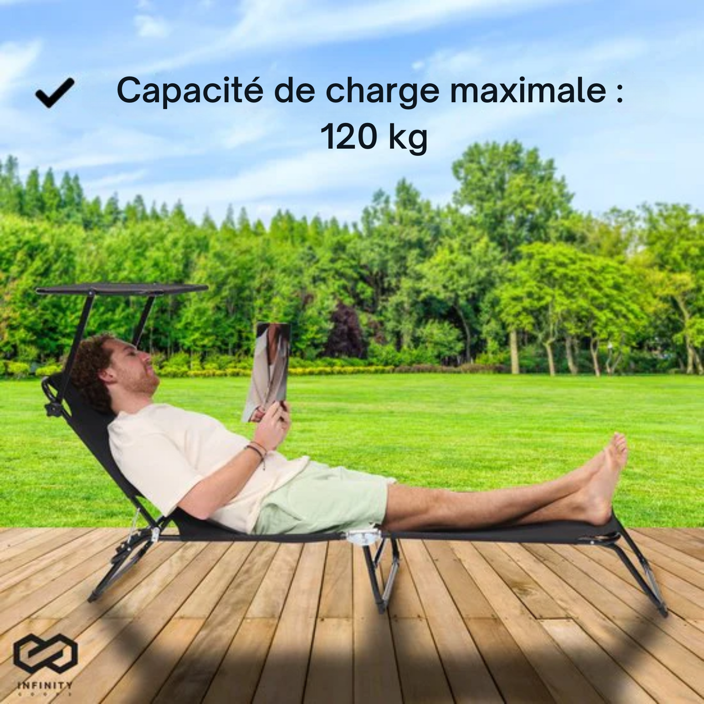 Chaise longue - Infinity Goods - pliable - réglable - jardin - résistant aux intempéries - noir