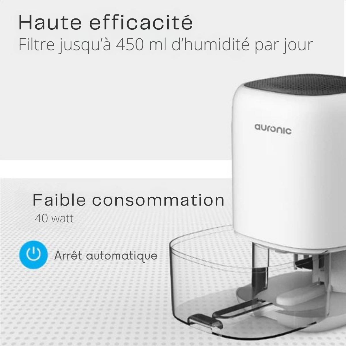 Déshumidificateur - Auronic - Jusqu'à 450ml par jour - LED - Convient salon, chambre et salle de bain - Blanc