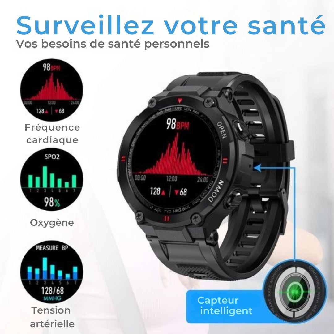 Montre connectée K22 - Nuvance - 45mm - Ecran tactile - Etanche IP67 - Hommes, femmes et enfants - iOS & Android - Noir