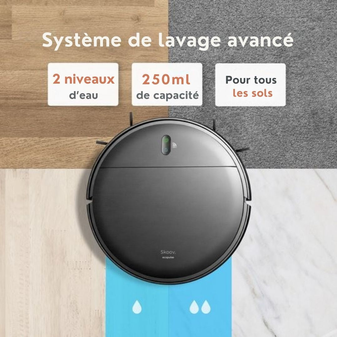Robot Aspirateur avec fonction balayage Skoov - Avec station de chargement et de déchargement - APP - Animaux - Maison - Automatique - Poils de chien - 2000 PA - Noir