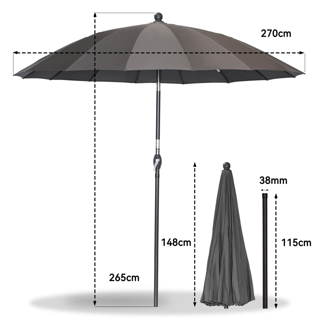 Angel Living Parasol Rond - Ø270cm - Solide - Inclinable - Gris