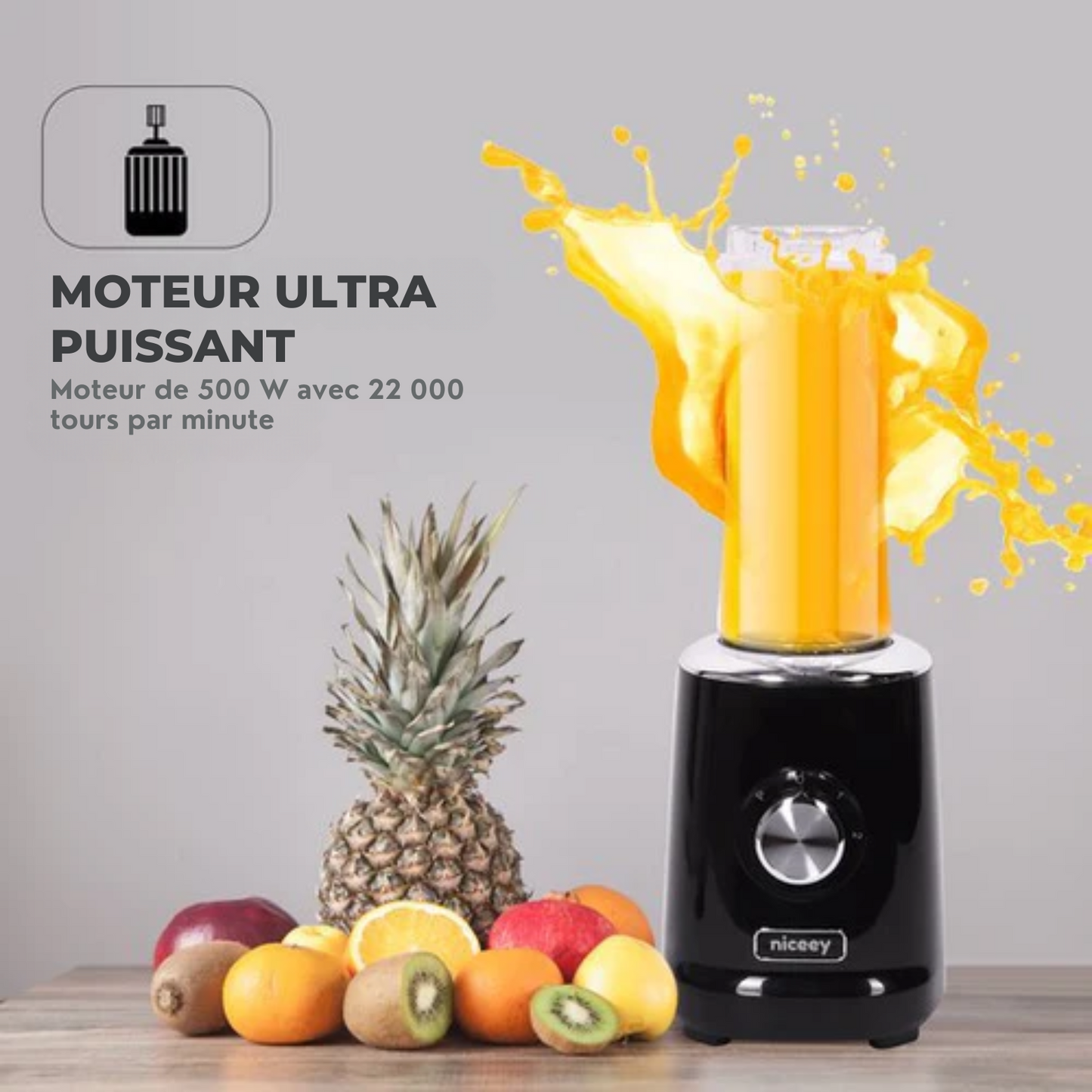 Mixeur - Niceey - Mini Blender - Machine à smoothie - Extracteur de jus - 500W - avec 2 gobelets - Noir