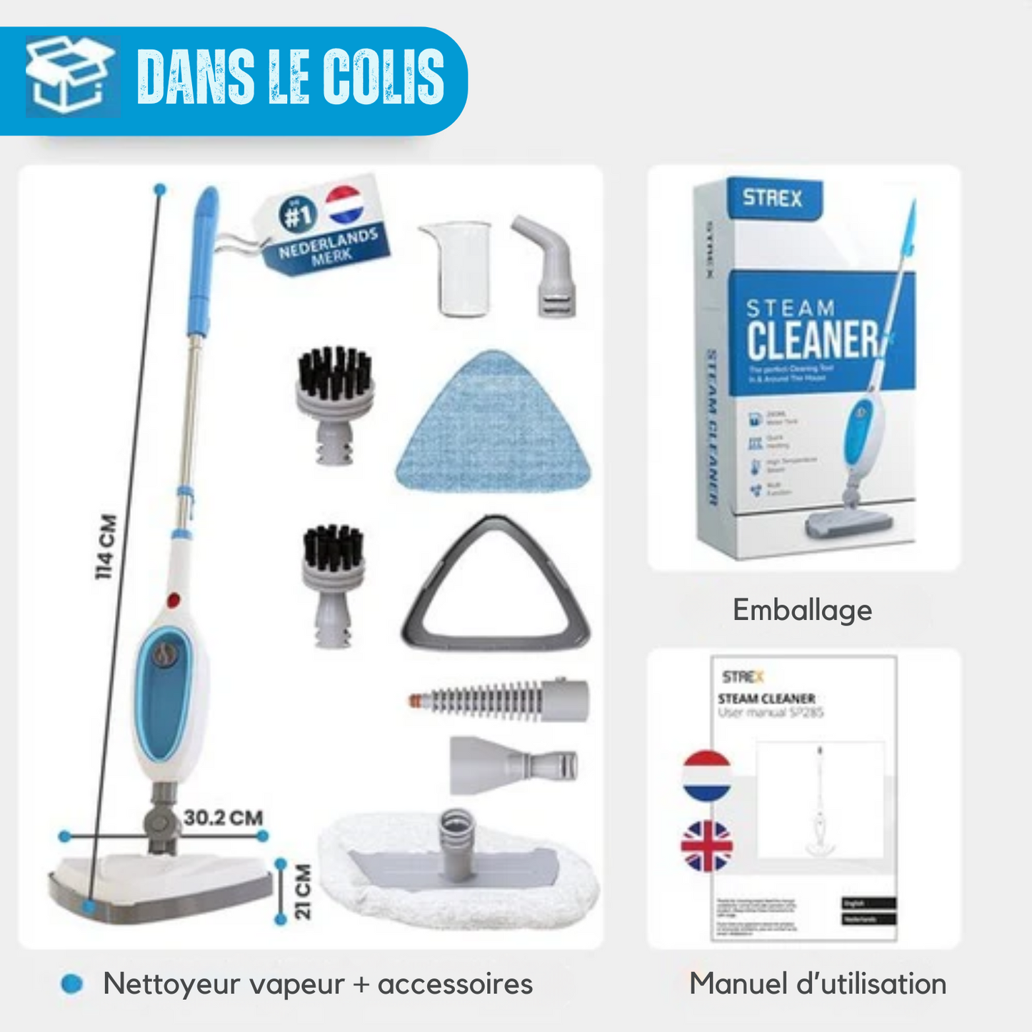 Nettoyeur Vapeur 12 en 1 – Strex - Défroisseur Manuel / Nettoyeur de Tapis / Détacheur - 1600W - Blanc et bleu