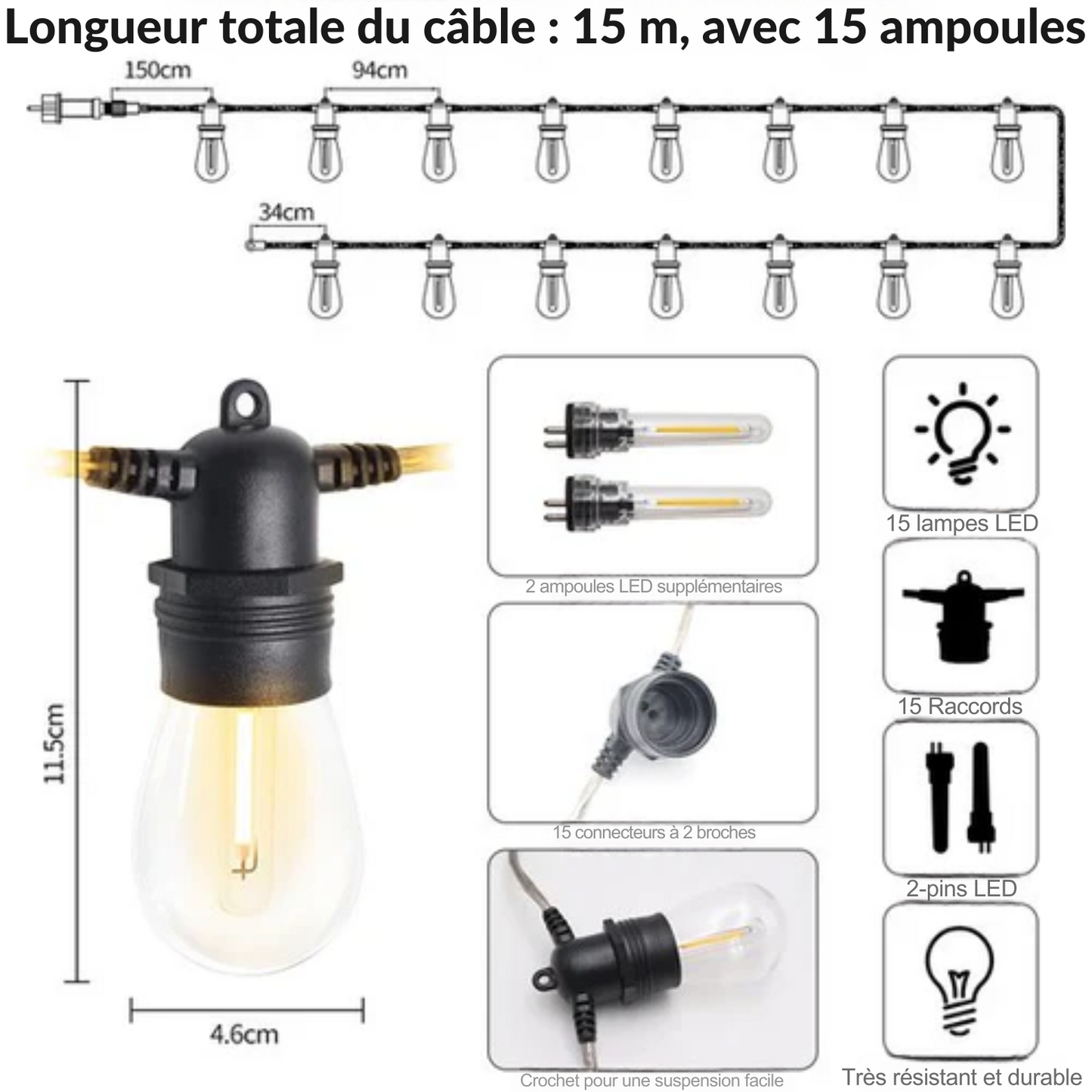 Guirlande lumineuse extérieur - EverNeeds - avec câble lumineux - 15 LED - 15 mètres - IP65