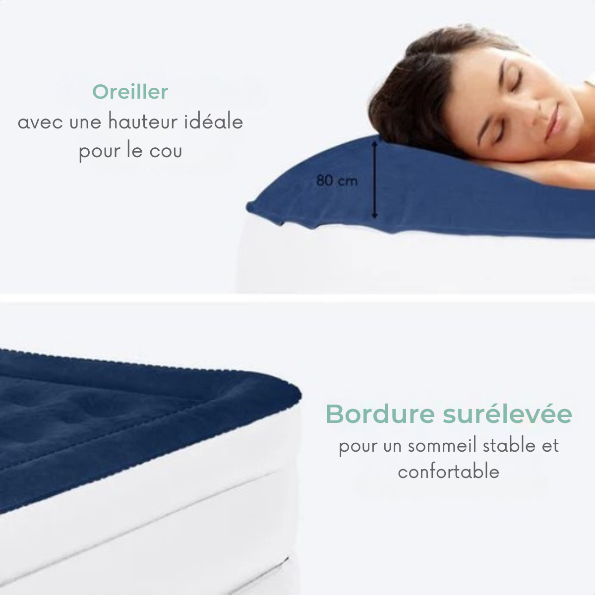 Matelas gonflable – LifeGoods – 2 personnes – pompe intégrée – sac de transport et kit de réparation inclus – blanc/bleu