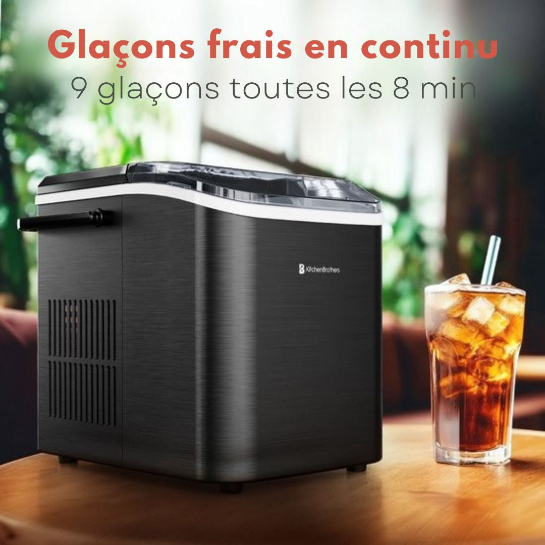 Machine à glaçons KitchenBrothers - 1.5L - 12kg/24 heures - Portable - Fonction auto-nettoyante - Acier inoxydable