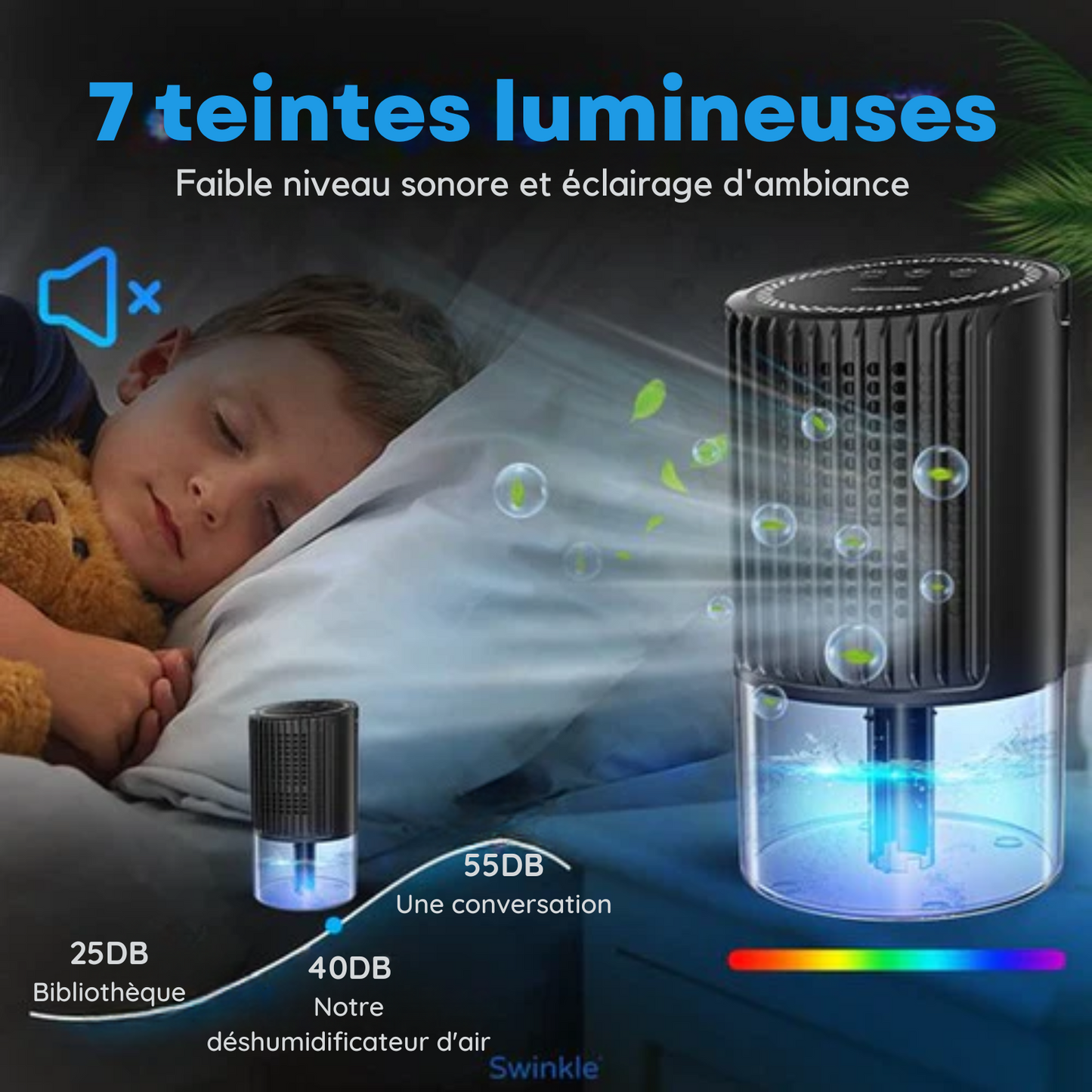 Déshumidificateur - Swinkle® - Jusqu'à 0,35 L / jours - Silencieux - Adapté au salon, à la chambre à coucher, à la salle de bain et +