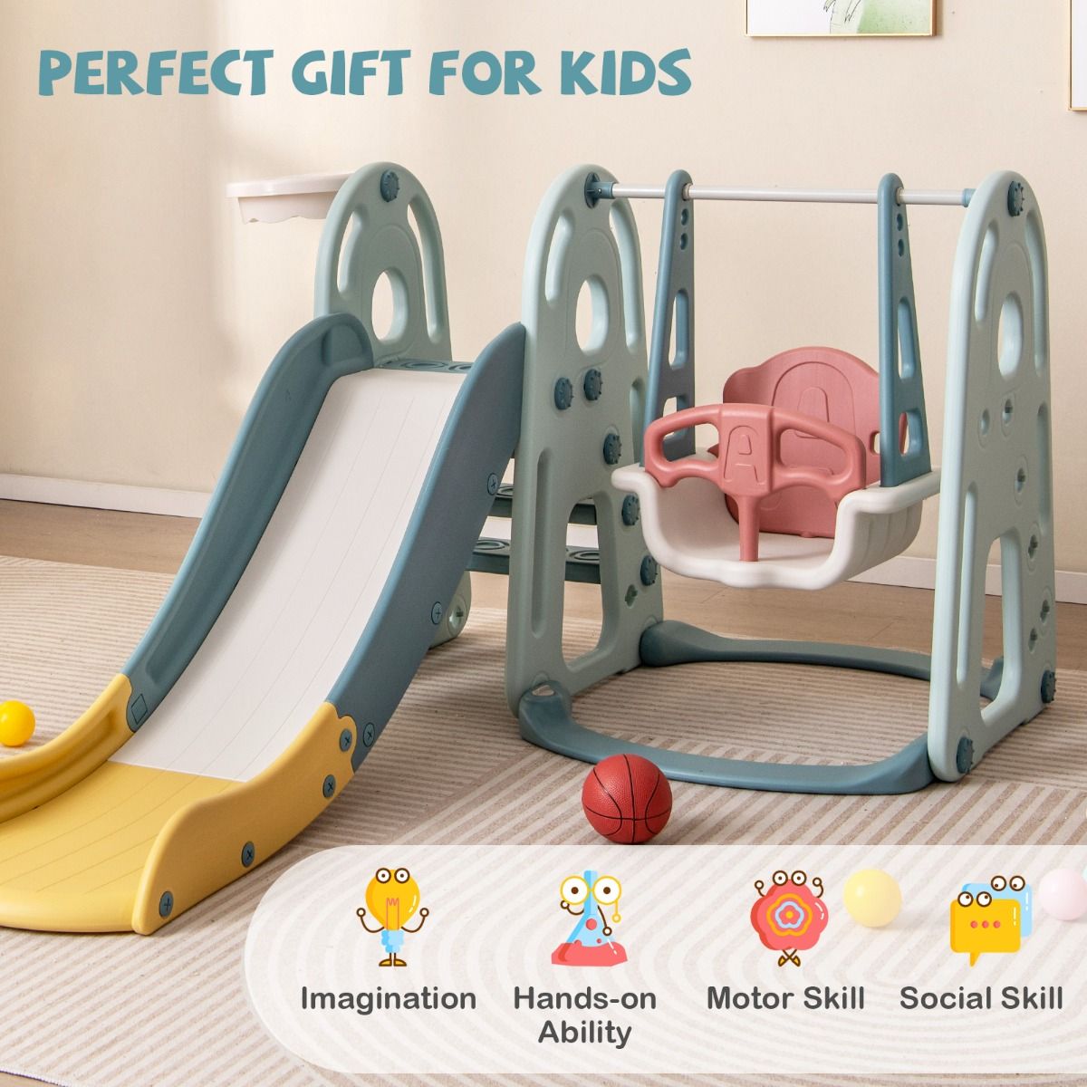 Toboggan et balançoire 4-en-1 pour enfants Coast avec anneau de basket - Multicolore - 198 x 149 x 96 cm