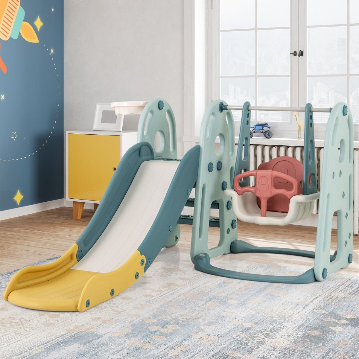 Toboggan et balançoire 4-en-1 pour enfants Coast avec anneau de basket - Multicolore - 198 x 149 x 96 cm
