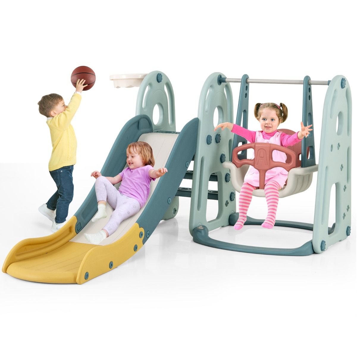 Toboggan et balançoire 4-en-1 pour enfants Coast avec anneau de basket - Multicolore - 198 x 149 x 96 cm