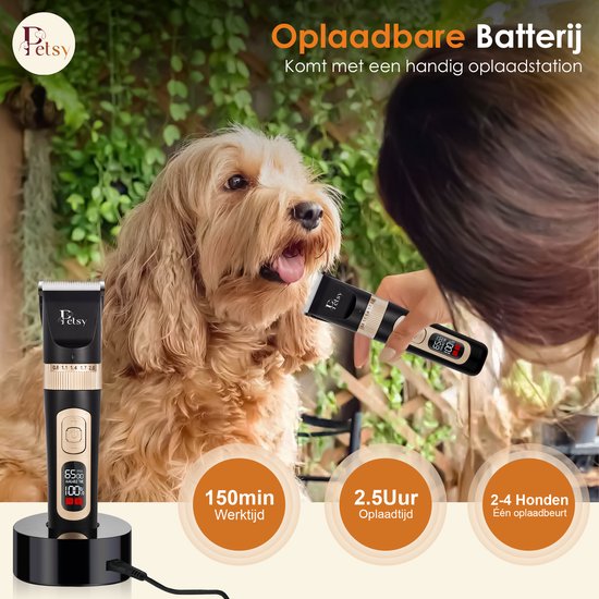 Tondeuse professionnelle pour chiens Petsy - Tondeuse 2-en-1 pour animaux à poil épais - Silencieuse - Tondeuse pour chiens et chats - Tondeuse pour chiens - Station de recharge incluse