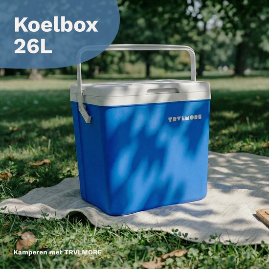 TRVLMORE Cool Box 26L - 65 heures de réfrigération - Frigobox - 2 éléments réfrigérants inclus - Bleu