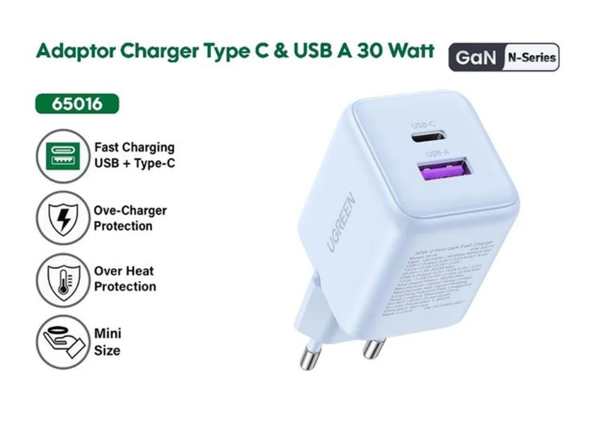 Chargeur réseau Ugreen X516 GaN 30 W - Rose - USB-A et USB-C