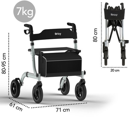 Rollator Brixy - Léger et pliable - Fonction siège - Dossier, sac et support de canne - Gris