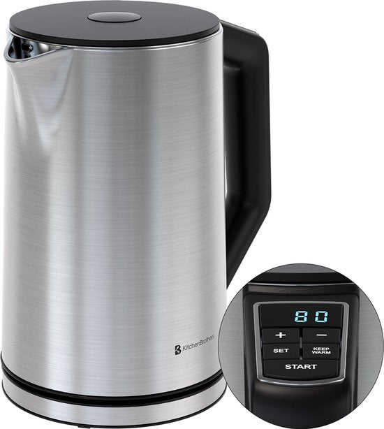 KitchenBrothers Bouilloire - Électrique - 1,5L - 2200W - Contrôle de température réglable - Double paroi - Bouilloire en acier inoxydable - Silver