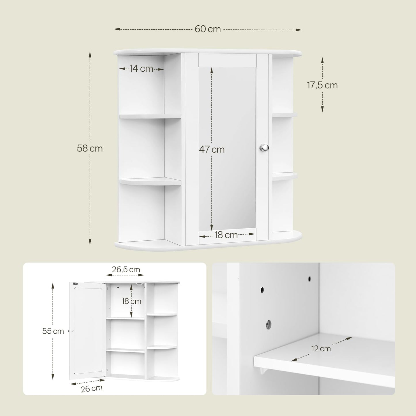 Armoire à miroir Esituro - 60 x 58 x 16 cm - Armoire murale - MDF - Blanc