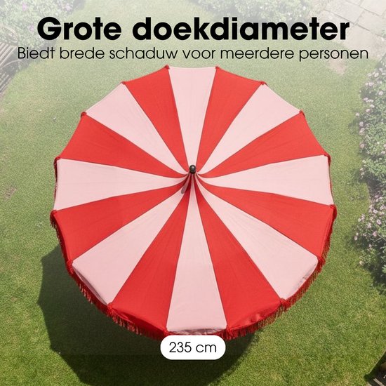 Mica Decorations Kim : parasol rayé avec sac de transport - Parasol à mât 238 x Ø235 cm - Parasol de jardin ou de balcon - Polyester, acier - Rouge