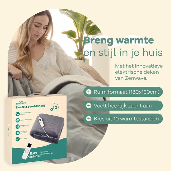 Couverture électrique Zenwave 180x130cm - Résistance à la machine à laver Couverture grise - Couverture chauffante à 10 réglages - Plaid chauffant en polaire ultra doux - Couverture électrique - Camping et plein air - 1 personne