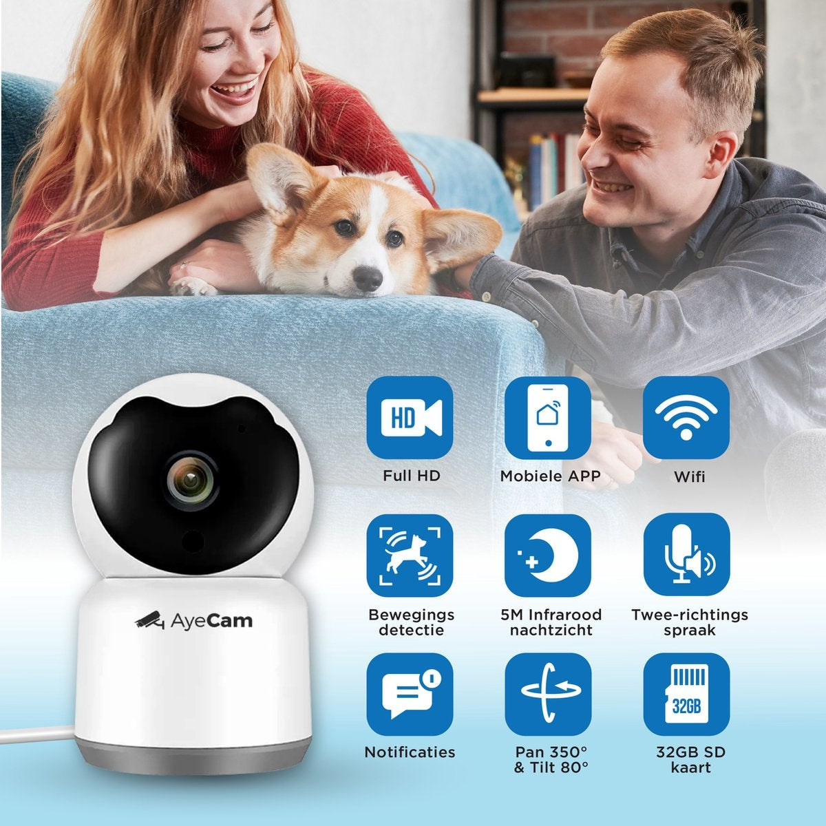 AyeCam Pet Camera - Avec App - Incl. 32GB SD - WiFi - Détection de mouvement et de son - Caméra de sécurité - Caméra pour chien