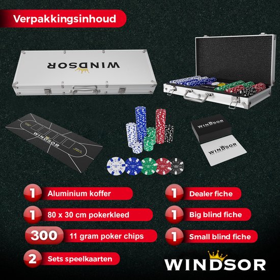 Set de poker Windsor - 300 jetons - Tissu de poker - Blinds - Cartes - Jetons de poker - Jetons de poker